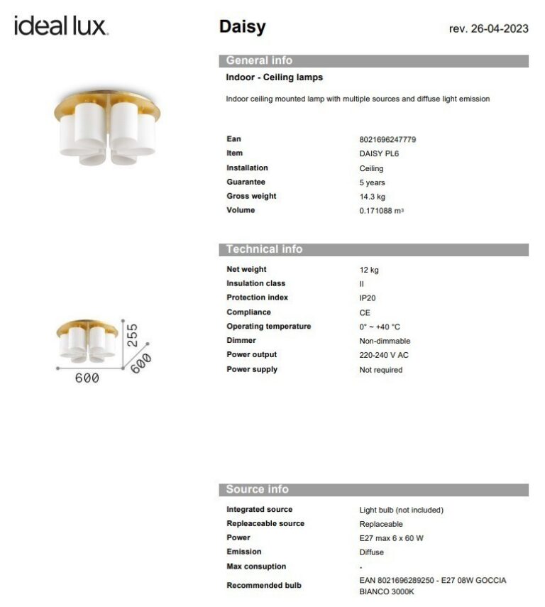 Ideal Lux - Ceiling Lamp Daisy Pl6 - Image 4